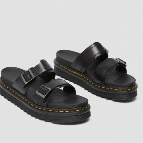 DR MARTENS Myles Black Leather Buckle Slide Soft Sandals Women 12 Men 11 - Picture 2 of 4